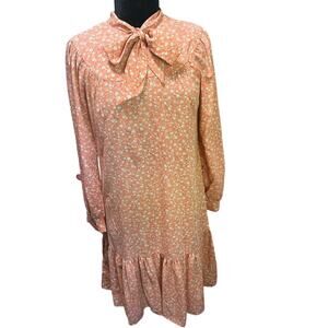 Vintage 60s Peggy Barker Orange Floral Bow Prairie Drop Waist Dress Medium Large